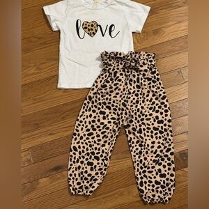 White Love T-Shirt and Leopard Print Pants Set 2T
